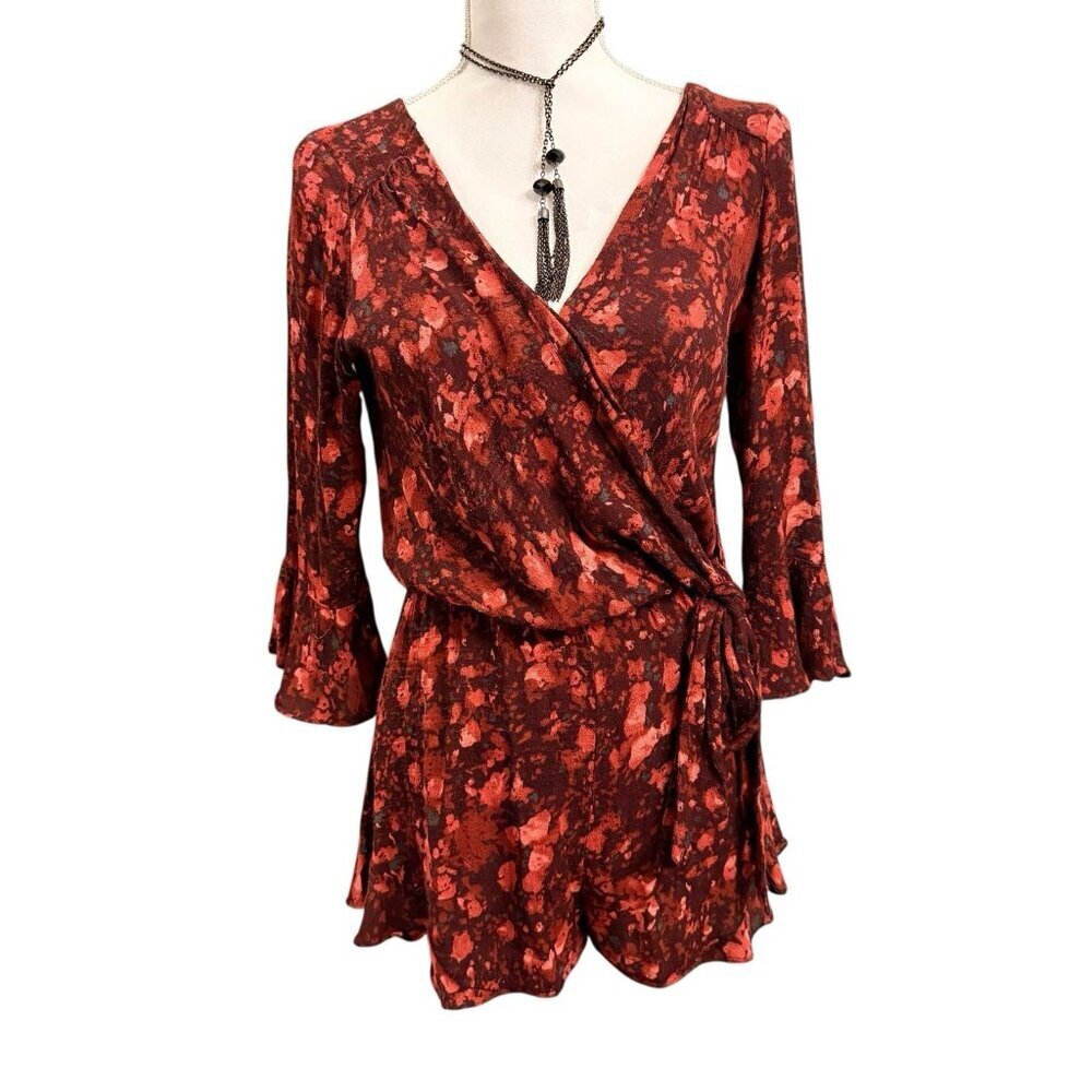 Free People All The Right Ruffles Burgundy Floral Wrap Romper Size XS